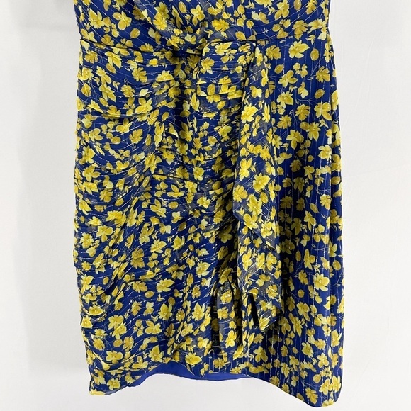 Shoshanna Blue Silk Yellow Floral Metallic Faux Wrap Ruffle Dress size 4 - Picture 9 of 9